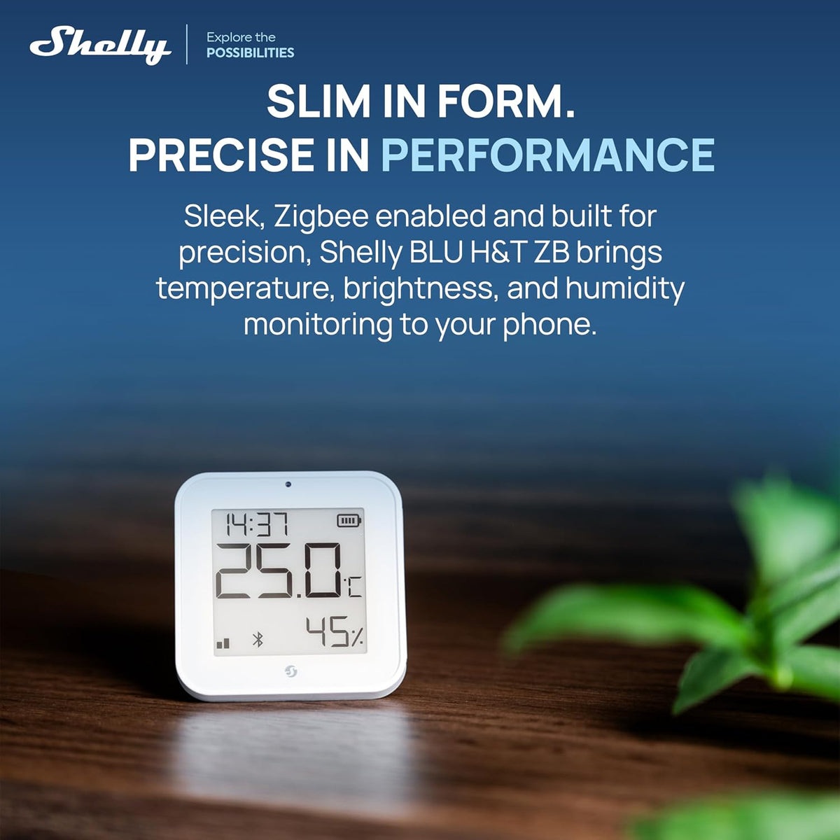 Shelly BLU H&T Display ZB White, Bluetooth & Zigbee Operated Temperature & Humidity Levels Sensor, E-Paper Display, Home Assistant, Alexa, Google Home, Real-Time Monitoring, Long-Life Battery
