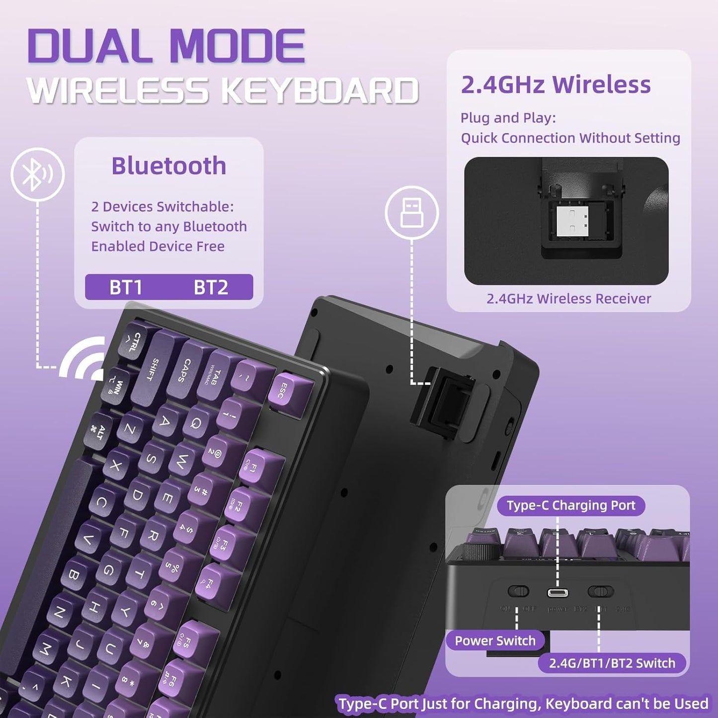 Free wolf M96 Wireless Gaming Keyboard Creamy Membrane 94Key ANSI-Purple | Rainbow Backlight,Media Knob,LCD Screen,Dual Mode-Bluetooth/2.4Ghz,Ball Shape PBT Keycap,3000mAh battery for Win Mac PC Gamer
