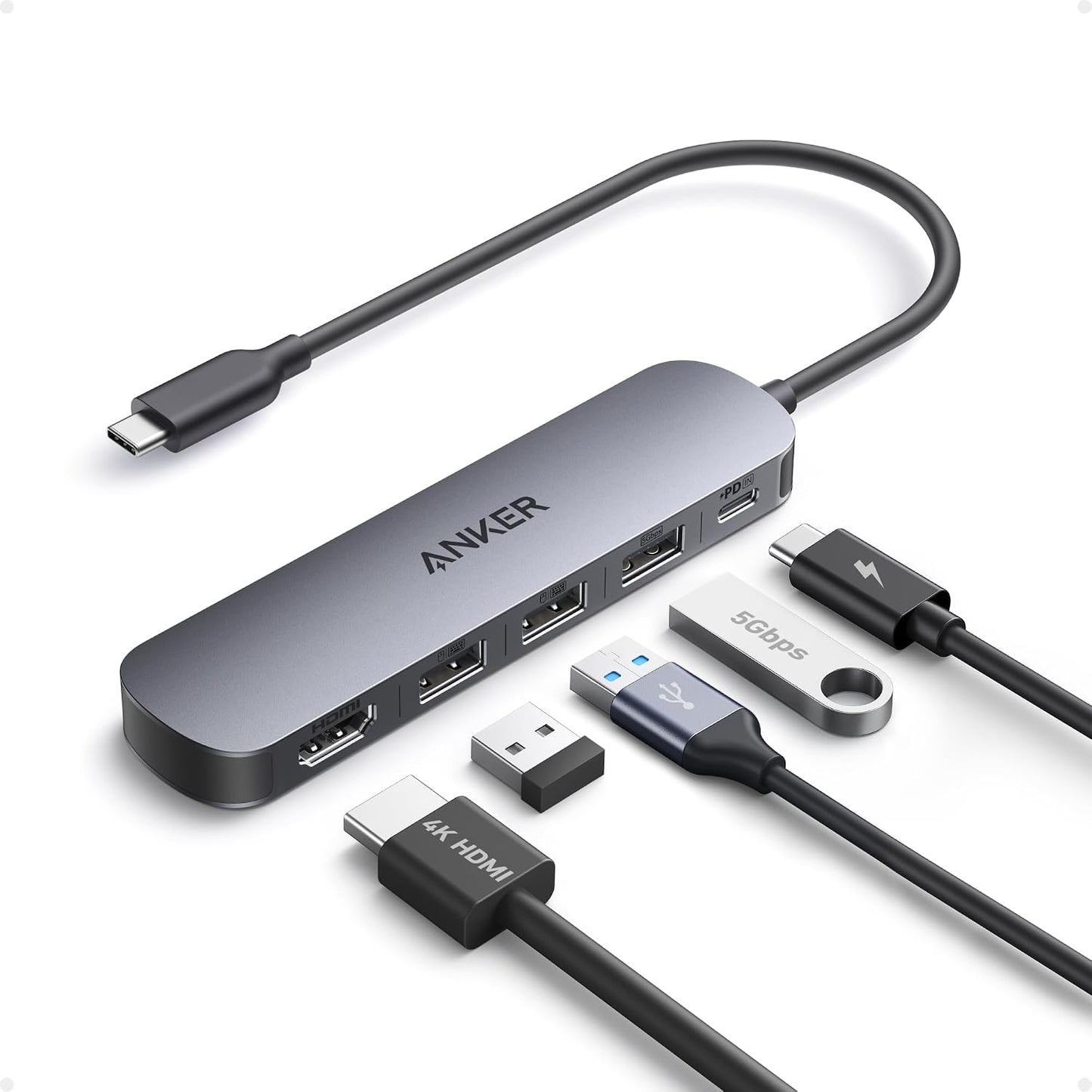 Anker USB C Hub 5-in-1 USB Hub for Laptops, 4K HDMI USB-C Multiport Adapter | 90W Max Power Delivery, 3 USB A Data Ports USB C Dongle, Compact for MacBook, Dell, and More (Charger Not Included)