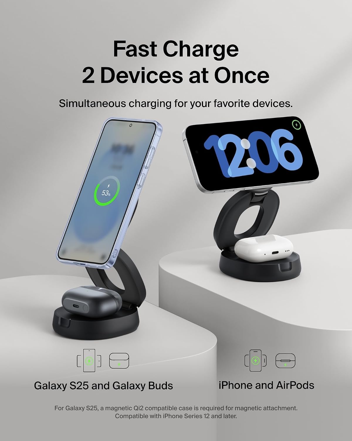 Belkin Qi2 15W Wireless Fast Charging Station, 2 in 1 iPhone Charger | Fast Charging, MagSafe Compatible, iPhone 17/16/15, AirPods, Travel Charger, Magnetic