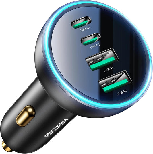 Rocoren 70W 4‑Port PD USB C Fast Car Charger Cigarette Lighter Adapter | For Multiple Devices, USBC Phone Charger Compatible with iPhone 17/17 Air/16/15 Pro Max, Samsung S25, Pixel