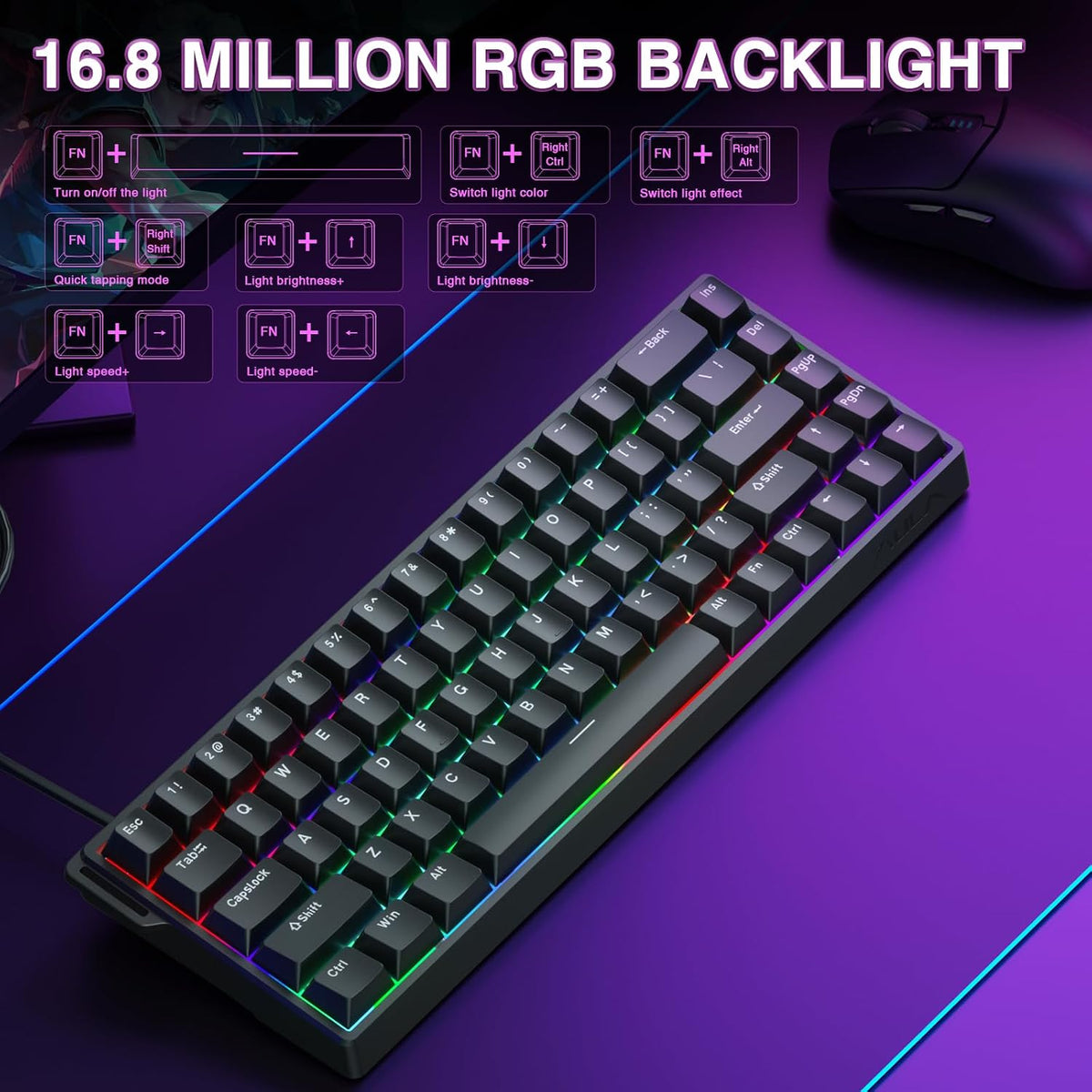 AULA WIN68 HE Mechanical Gaming Keyboard 60%, Hall Effect Magnetic Switch, Fast Trigger Mode Adjustable Actuation, 8000Hz Polling Rate, RGB Backlit, Wired Black Keyboard for Laptop/PC Gamer
