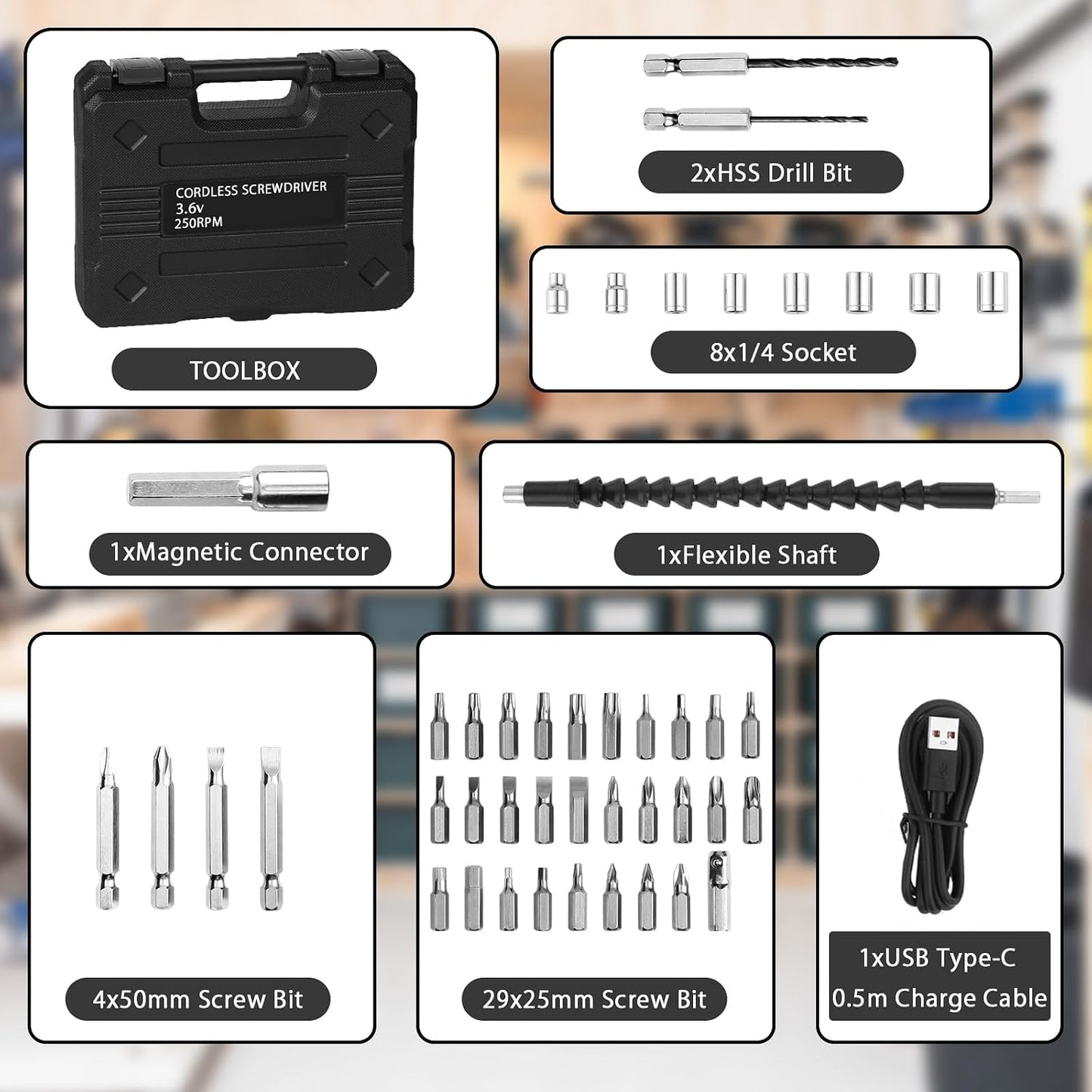 Cordless Electric Screwdriver 3.6V Rechargeable 3.5N.M of Torque 1/4" Chuck | 43pcs Screw Drill Set LED Light for Furniture Assembly, Repairing in Home, Office and Workplace