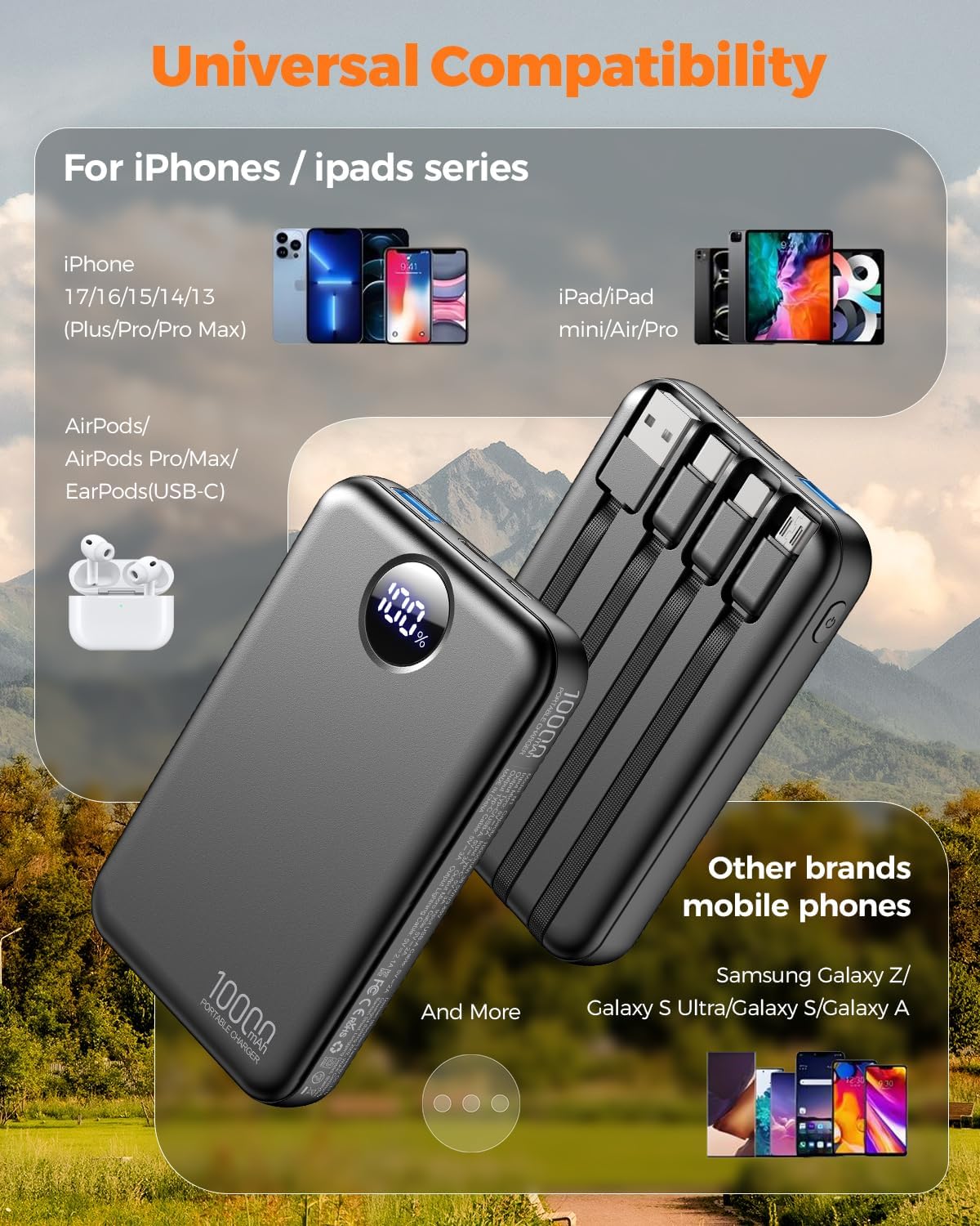 Portable Charger 10000mAh with 4 Built-in Cables 40% Smaller | Power Bank Fast Charging Battery Pack,LED Display Compact with Travel Charger for iPhone Other Devices-Black