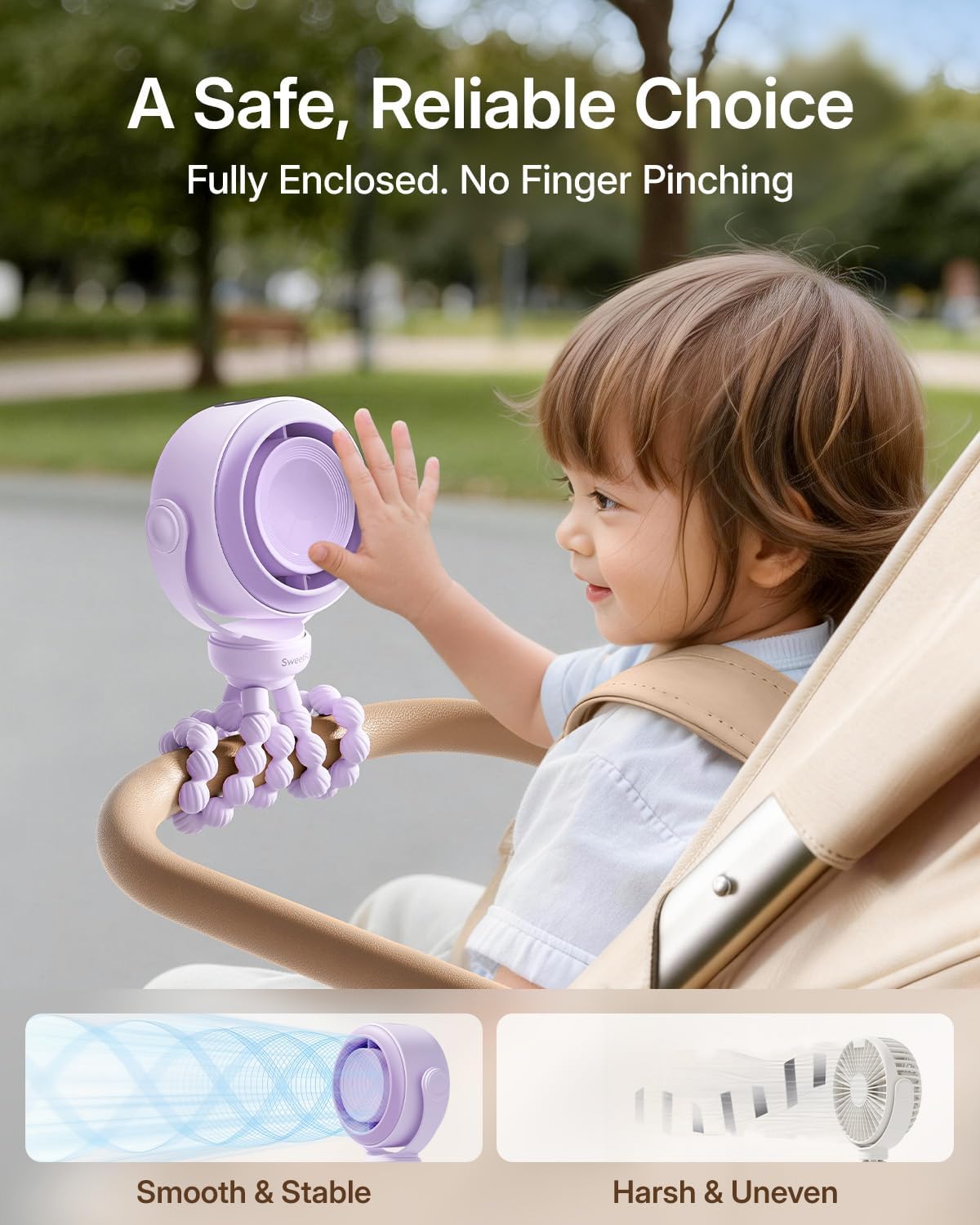 SWEETFULL Portable Stroller Fan, Pinch-Proof Baby Fan - Purple | Wide Turbine Airflow; Safe Design; LED Display; 5-Speed; 30dB Quiet; USB-C Rechargeable; Mini Clip On Fan for Car Seat & Bed