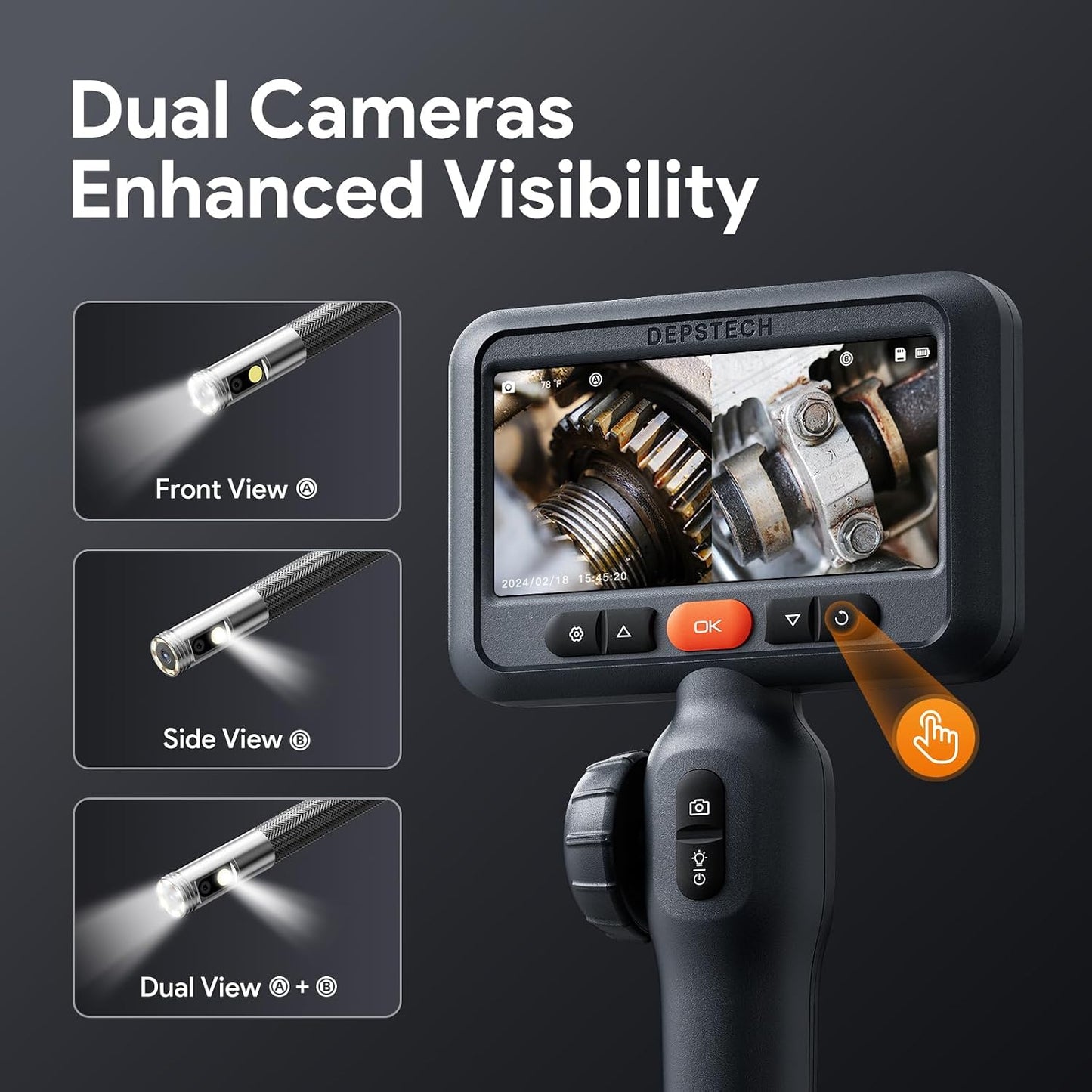 DEPSTECH 10FT Articulating Borescope, Dual Lens Endoscope Camera with Light | 1080P Inspection Video Camera, 4.5" IPS Split Screen, Waterproof, Semi-Rigid Gooseneck Cable, for Automotive, HVAC, Mechanic