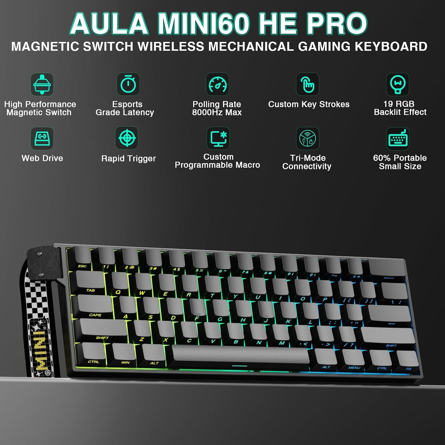 Aula MINI60 HE PRO Wireless Gaming Keyboard 60%,Hall Effect Rapid Trigger Magnetic Keyboard,8000Hz Polling,Tri-Mode(BT5.0/2.4GHz/USB-C),RGB Hot Swappable Compact Mechanical Keyboard for Gamer(Black)