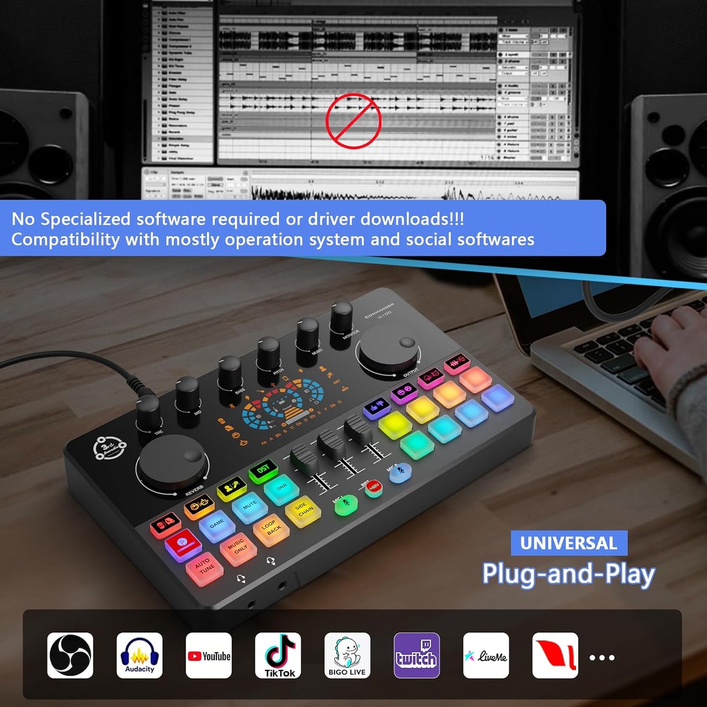 Podcast Equipment Bundle for 4, Audio Interface with 4 Dynamic Microphone, 4 Desktop Mic Stands, Voice Change, DJ Mixer for Vocal Recording Podcasting,Streaming,Singing TikTok, COMMANDER M100 3rd