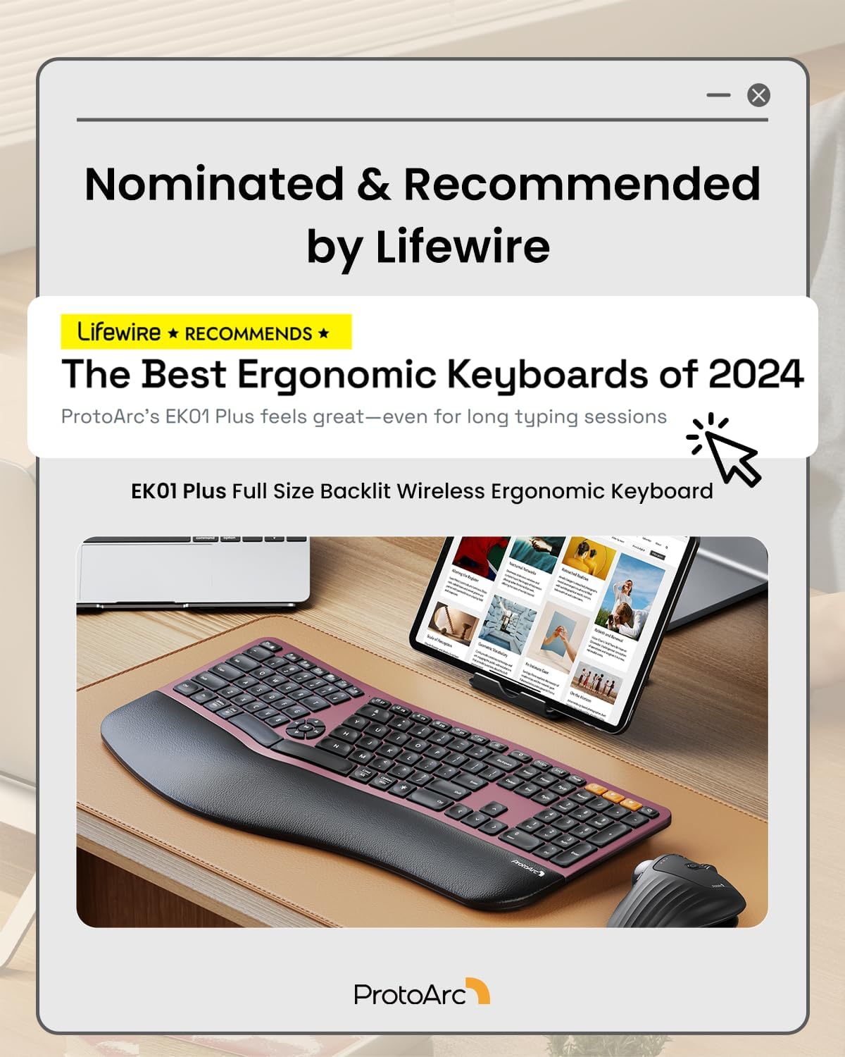 ProtoArc EK01 Plus Backlit Bluetooth Ergonomic Keyboard, Full Size, Red | Adjustable brightness, split design, cushioned wrist rest, connect 3 devices via Bluetooth/2.4G, 2000mAh USB-C rechargeable.
