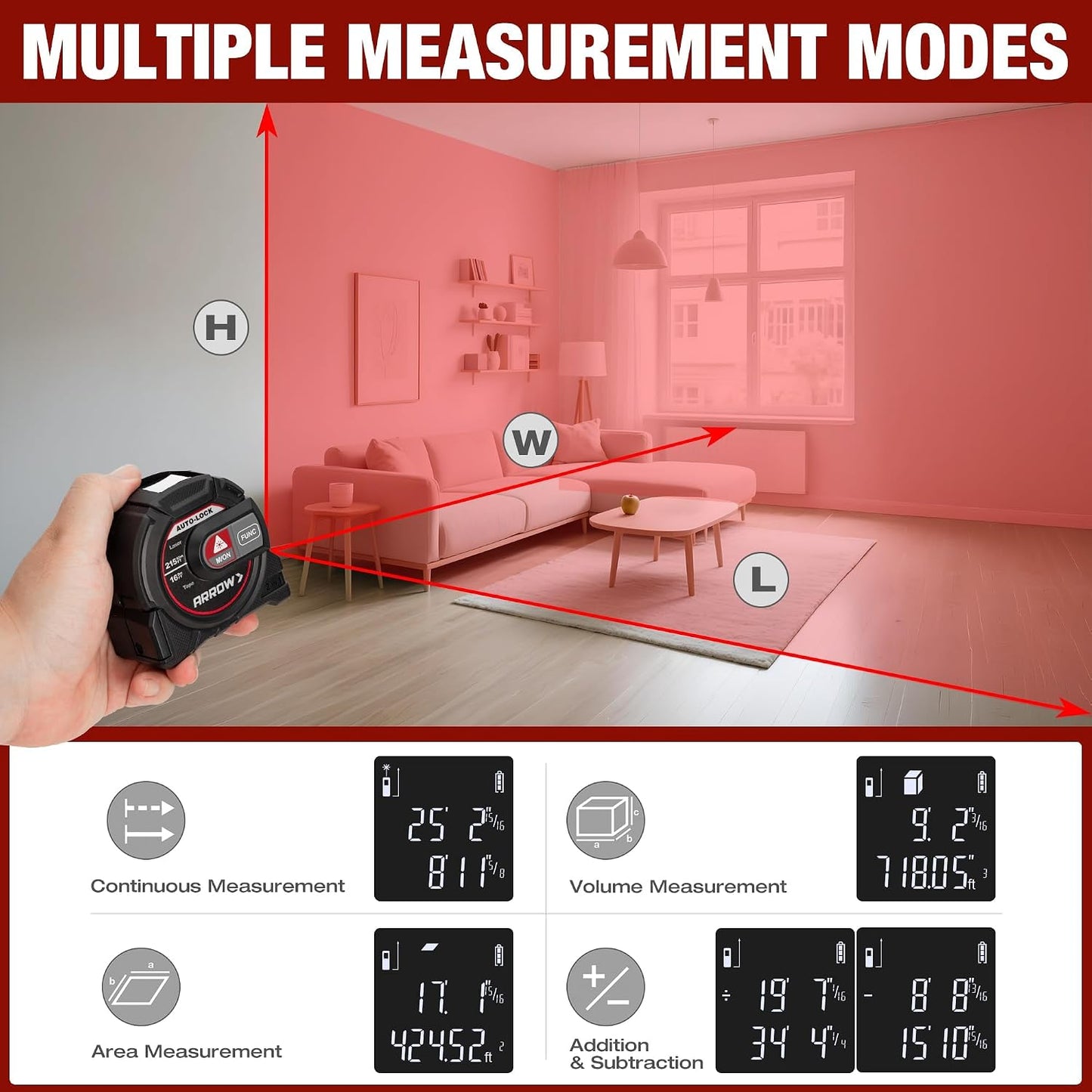 Arrow 2-in-1 Laser Tape Measure, 215Ft/65m Laser Distance Measuring Tool | 16Ft Magnetic Tape, Area Volume Calculation, Continuous Measurement, Bubble Level, Home Improvement Tool-NOT Digital
