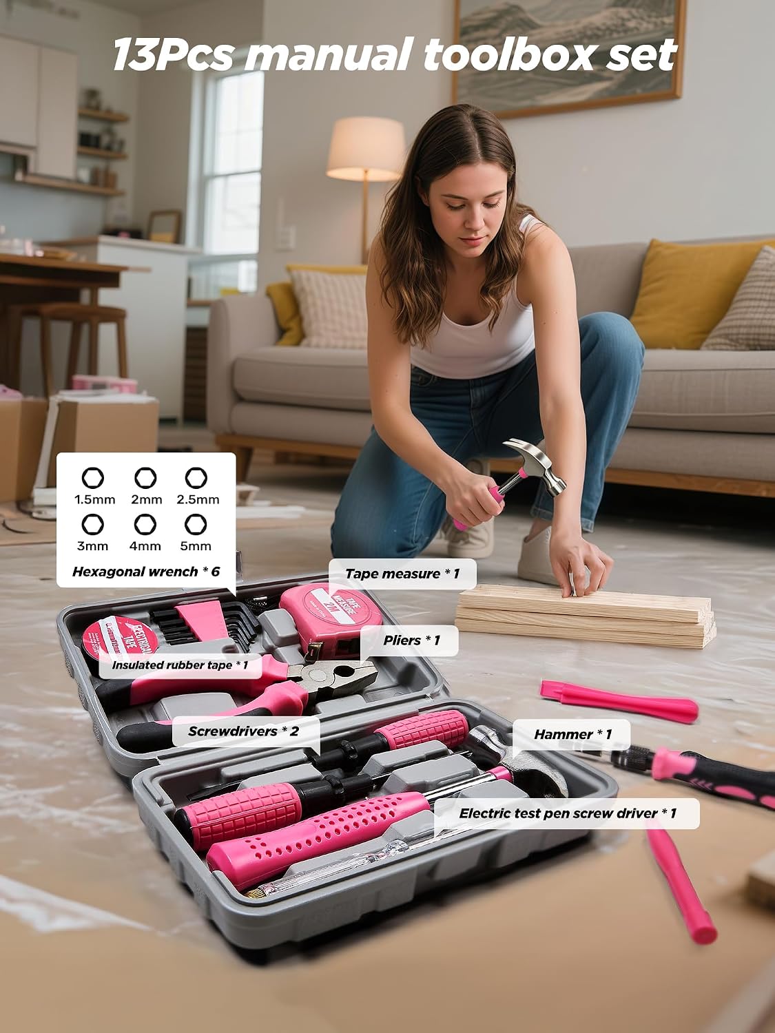 Pink Cordless Drill Set 215 Pcs, 21V Pink Power Drill Tool Set Kit with Storage Bag, Electric Drill Set for Women, Precision Screwdriver set, Magnetic Tool Belt, ToolBox for DIY Projects