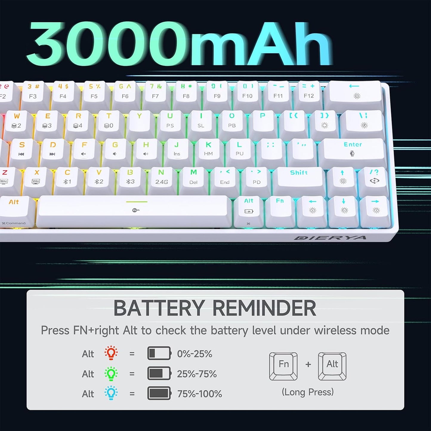 DIERYA DK63 60% Wireless Mechanical Gaming Keyboard | Bluetooth/2.4G/Wired Keyboard | RGB Backlit Compact 63 Keys Mini Office Keyboard | with Red Switch | for Windows Laptop PC Gamer Typist-White