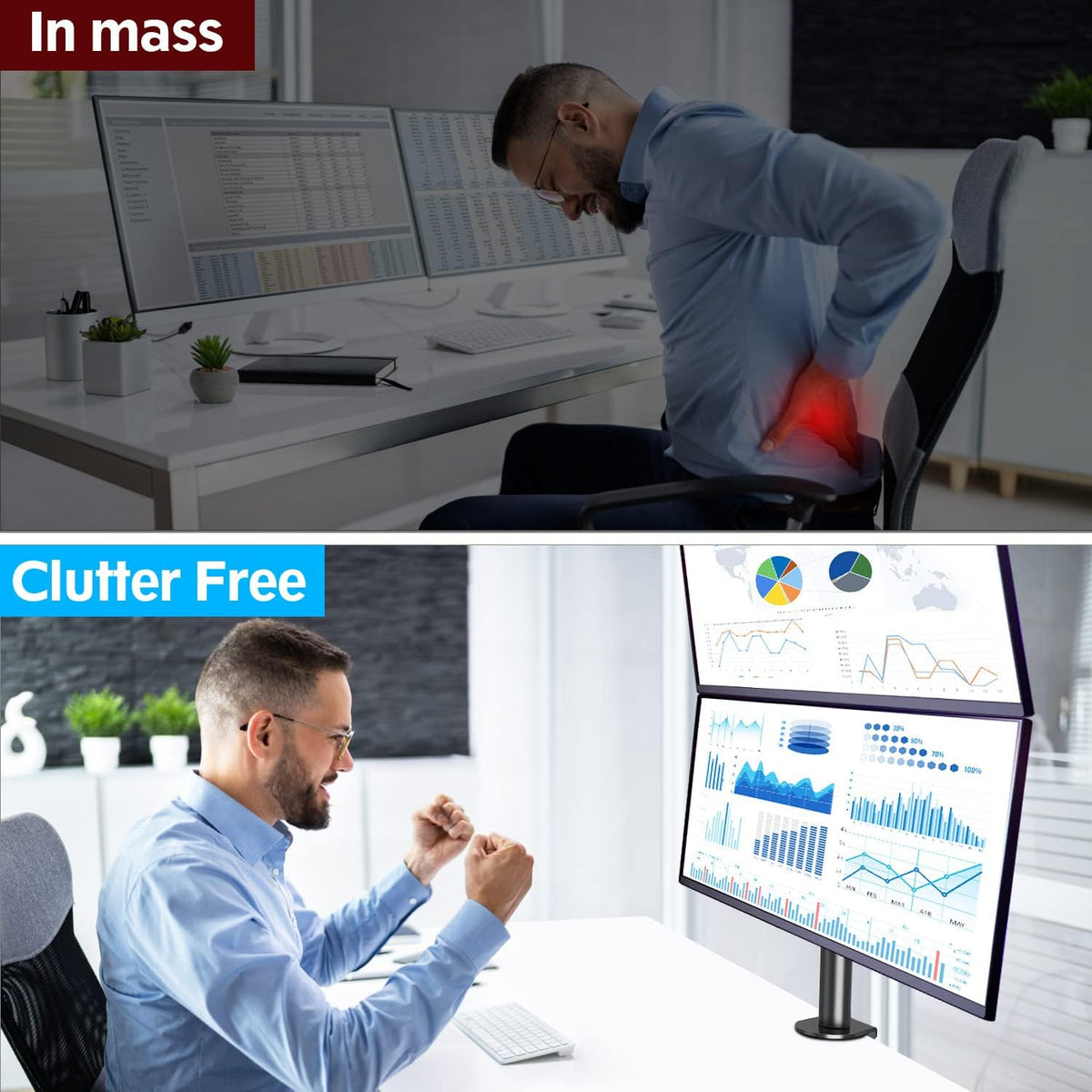 MOUNTUP Dual Monitor Stand, Vertical Monitor Mount for 2 Max 32 inch Stack Screen Monitors, Height Adjustable, Swivel, Tilt Monitor Desk Mount with C Clamp Grommet Base, Home Office