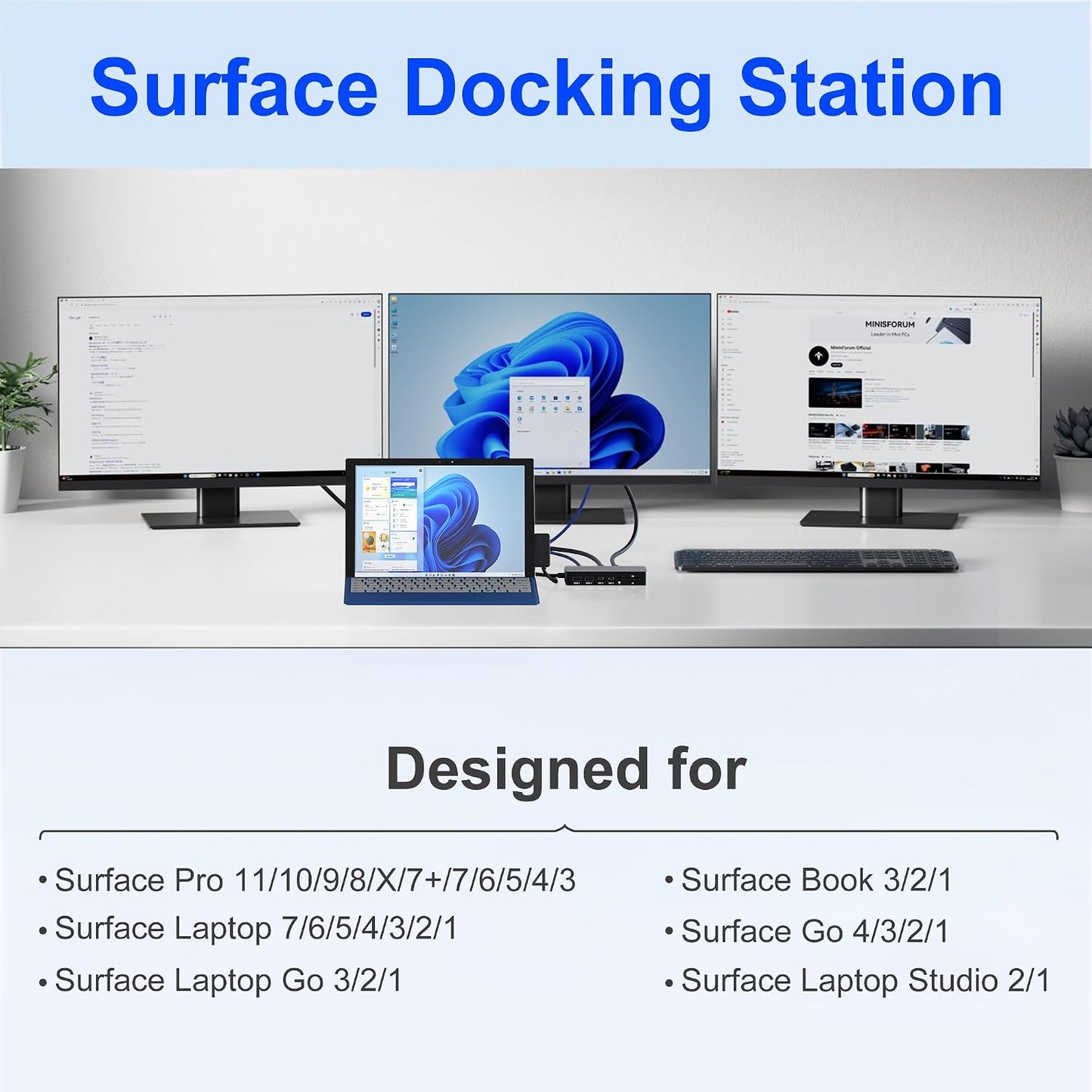 Surface Docking Station, Triple Display Dual 4K HDMI & VGA, 12-in-1 Surface Pro Dock for Microsoft Surface Pro 12/11/10/9/8/7/6/5/4/3, Surface Laptop 7/6/5/4, Surface Go/Book/Laptop Go