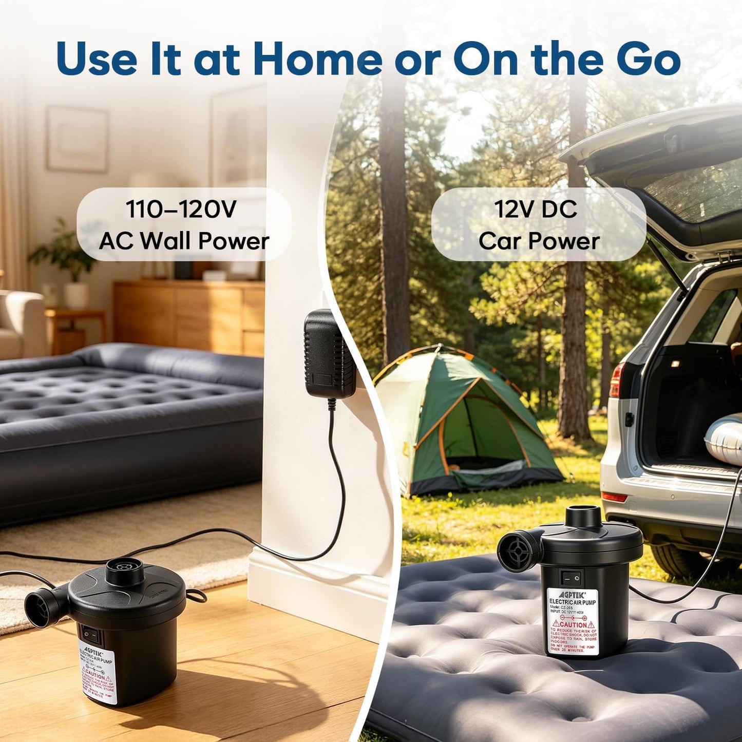 AGPTEK Electric Air Pump for Inflatables,110V AC &12V DC Inflator Deflator | 4.5kPa Quick-Fill, 3 Nozzles, Portable Air Pumps for Outdoor Camping, Inflatable Air Mattress Beds, Boats, Swimming Ring