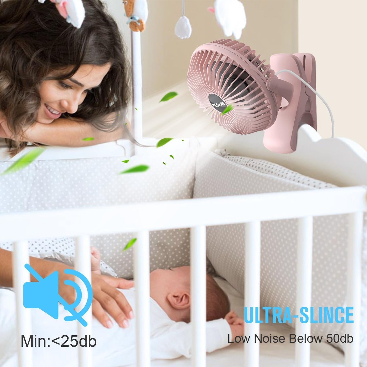 BESKAR USB Clip on Fan, Portable Small Desk Fan with Cord Powered | 3 Speeds Strong Airflow, Sturdy Clamp, Ultra Quiet Personal Cooling Fan for Office Dorm Bedroom Stroller