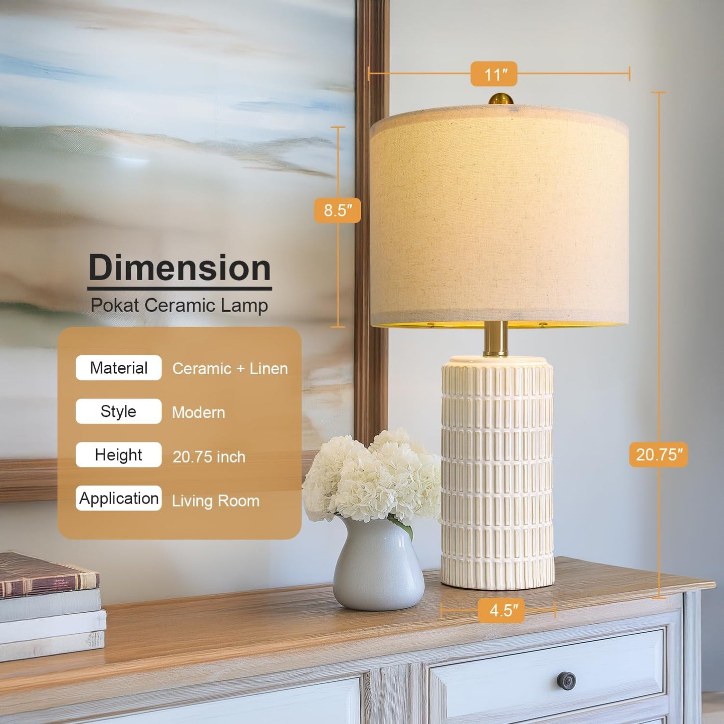 PoKat 20.75" Small Modern Ceramic Table Lamps Set of 2 for Bedroom, White | Bedside lamps for nightstands, farmhouse home decor, end table & desk light, ideal housewarming new home gift for women mom