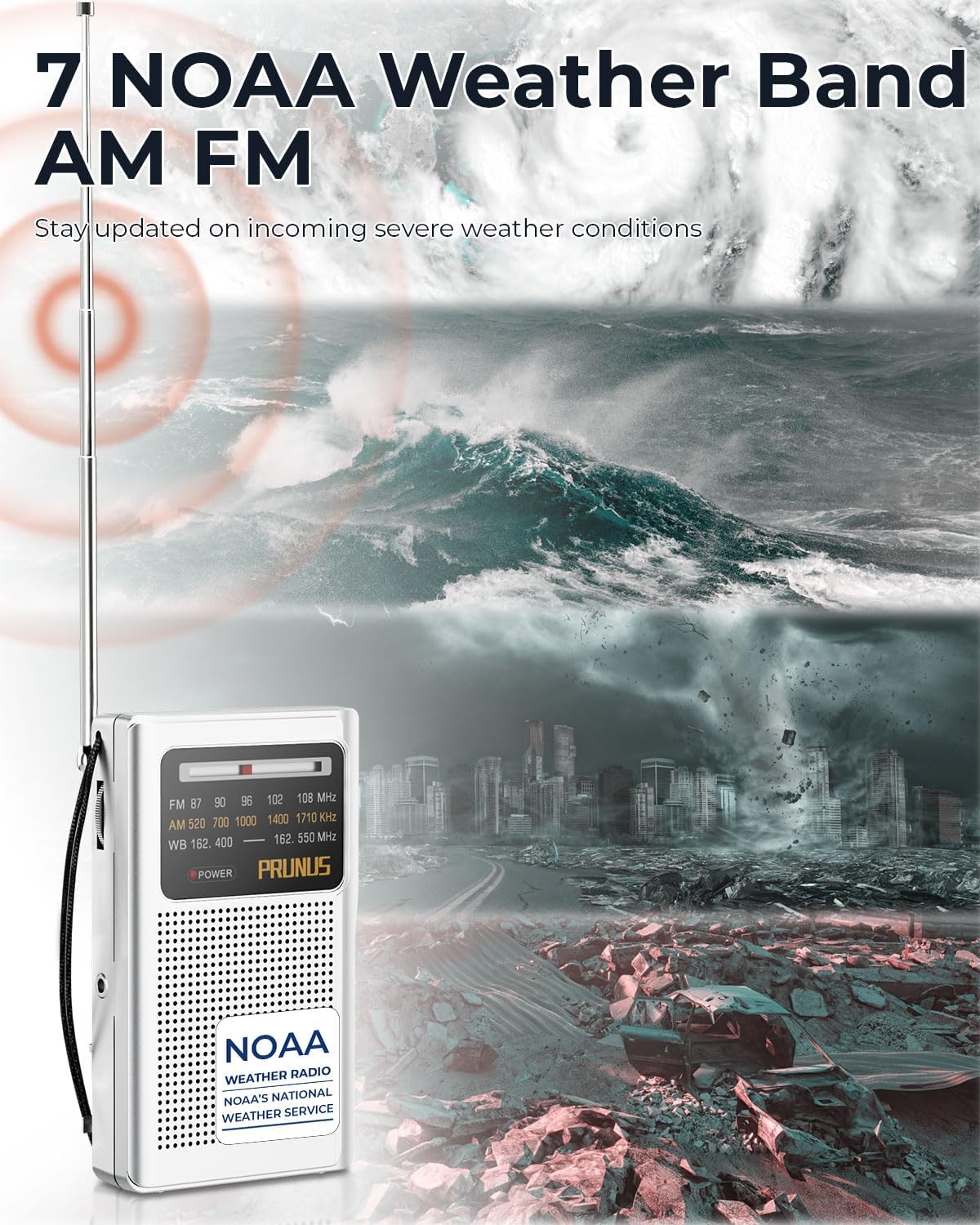 NOAA Weather Radio AM FM, AA Battery Radio for Power Outages PRUNUS J161 | Handheld, Best Reception,Stereo Earphone Jack, for Emergency, Hurricane, Storm, Running, Walking,Home, Transistor Radio