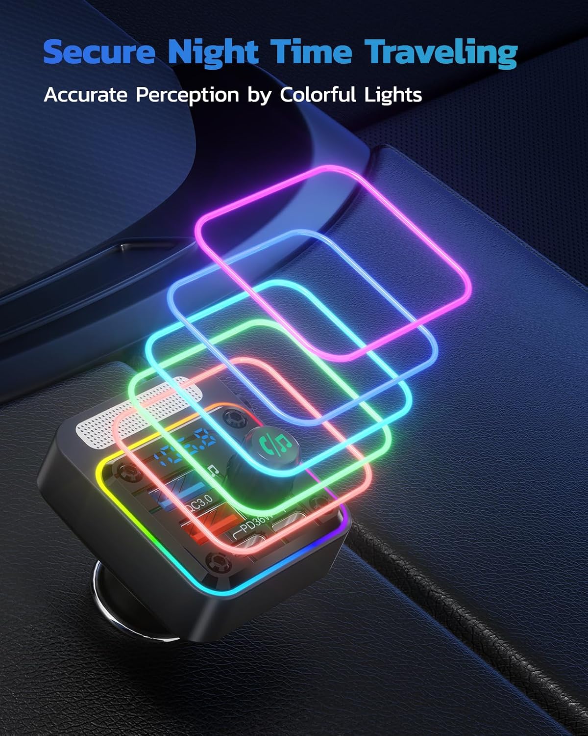 Nulaxy 54W Bluetooth 5.3 Car Adapter, FM Transmitter 4-Port Fast Charging | Wireless FM Radio Music Player with Deep Bass, 5 Colors LED Backlit, Hands-Free Calling, PD&QC Car Charger Support USB Drive