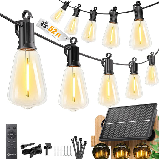Brightown 52FT Solar String Lights Outdoor Waterproof, Up to 26Hrs Runtime | 15+1 LED Bulbs, USB & Solar Powered, Remote Control & Dimmable Timer, Ideal for Backyard, Garden, Camping & Party Decor