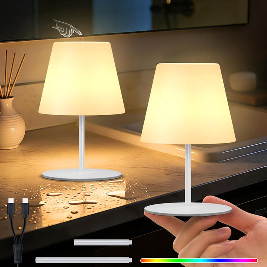 uuffoo 2 Pcs Mini Touch Shower Lamps Waterproof with 2-Step Warm White | Soft Light for Eye Care, Cordless Recharge lamp, RGB, IP44, Dual Plug USB Charging Cable, Color Temperature Memory (White)