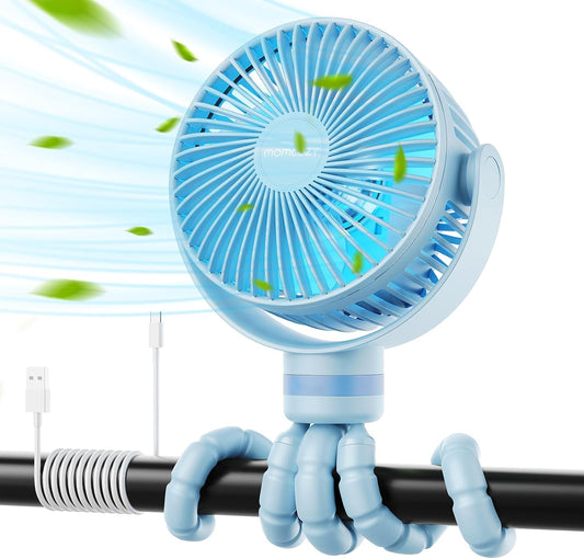 Momcozy 8000mAh Portable Stroller Fan, 27H Ultra-long Battery Life | Detachable 4 Speed 360°Rotate LED Night Light with 2 Modes, USB Rechargeable Handheld Cooling Fan for Travel/Car Seat/Bedroom