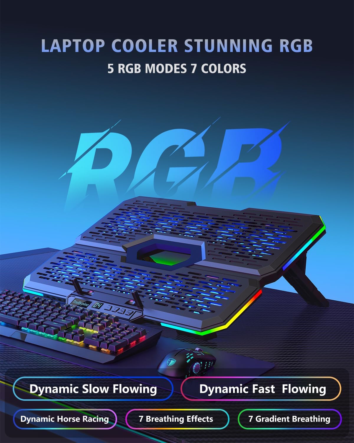 Laptop Cooling Pad with 10 Fans, Gaming Laptop Fan for 12-18.1 Inch, Laptop Cooler Stand with 7 Adjustable Heights, RGB Light & USB Type-C Notebook Cooling Pad