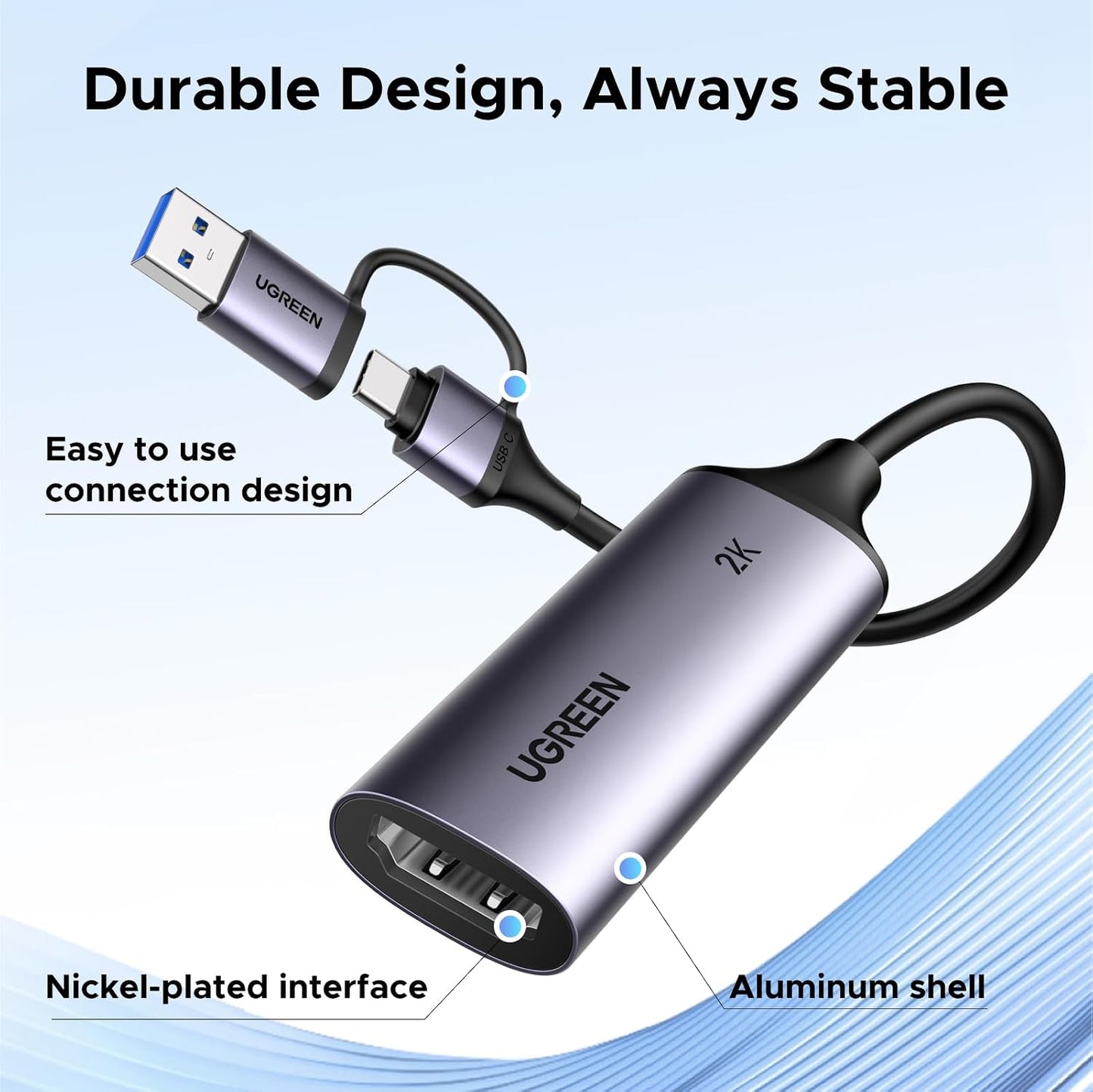 UGREEN 2K@30Hz Video Capture Card USB 3.0 for Gaming Bundle with Micro HDMI to HDMI Cable for Camera