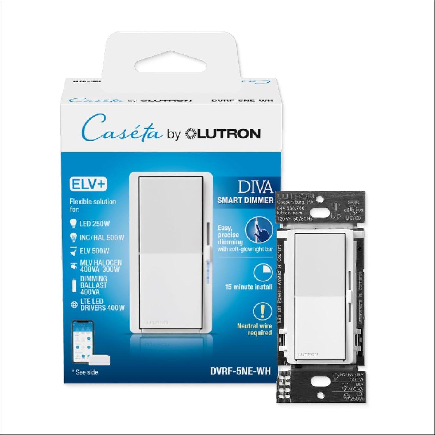 Lutron Caseta Diva ELV+ Smart Dimmer (Smart Hub Required) for ELV Lighting | ELV Smart Dimmer controls track lighting, strip lighting, ELV fixtures, create favorite light level, DVRF-5NE-WH, White