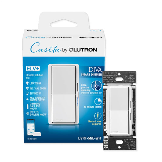 Lutron Caseta Diva ELV+ Smart Dimmer (Smart Hub Required) for ELV Lighting | ELV Smart Dimmer controls track lighting, strip lighting, ELV fixtures, create favorite light level, DVRF-5NE-WH, White