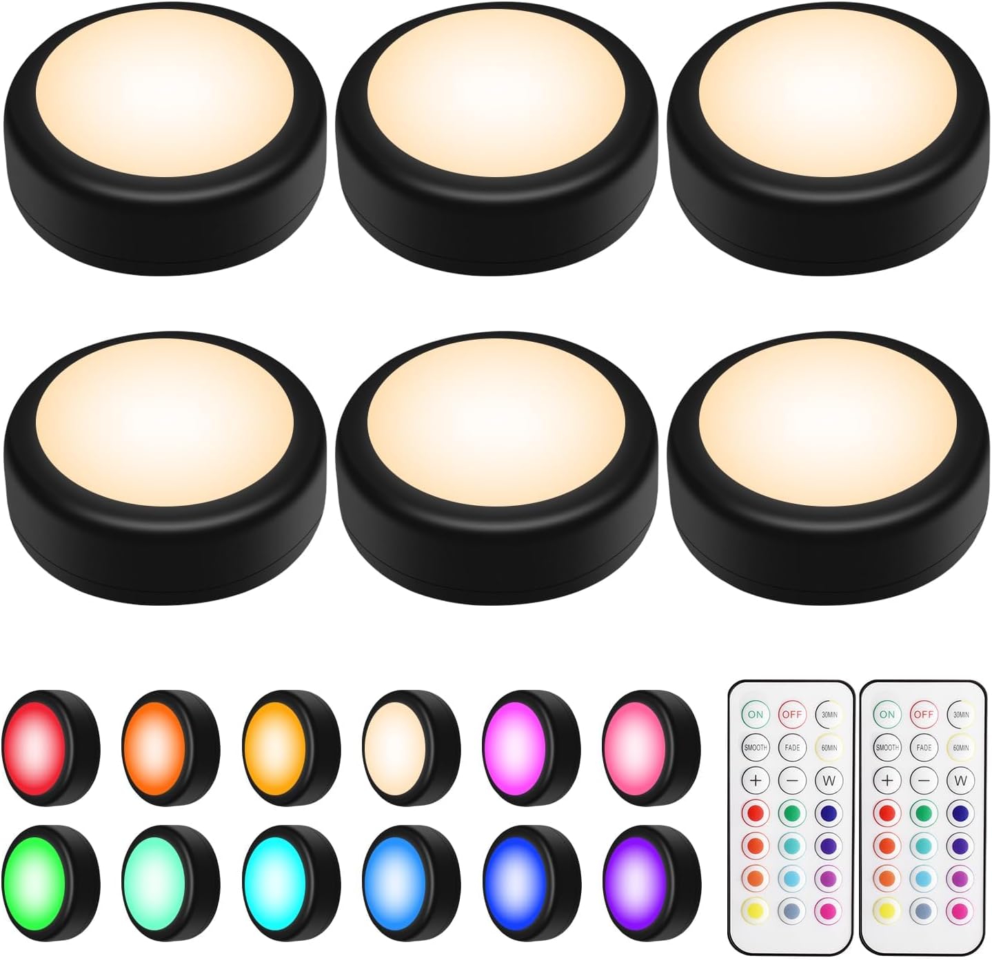 BLS LED Puck Lights with Remote Control, Wireless Under Cabinet & Closet Lighting, RGB 13 Color Changing Lights with Dimmer, Timer & AA Battery Operated, Push, Touch, Stick on for Night, Black, 6 Pack