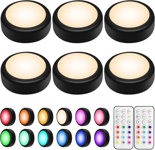 BLS LED Puck Lights with Remote Control, Wireless Under Cabinet & Closet Lighting, RGB 13 Color Changing Lights with Dimmer, Timer & AA Battery Operated, Push, Touch, Stick on for Night, Black, 6 Pack