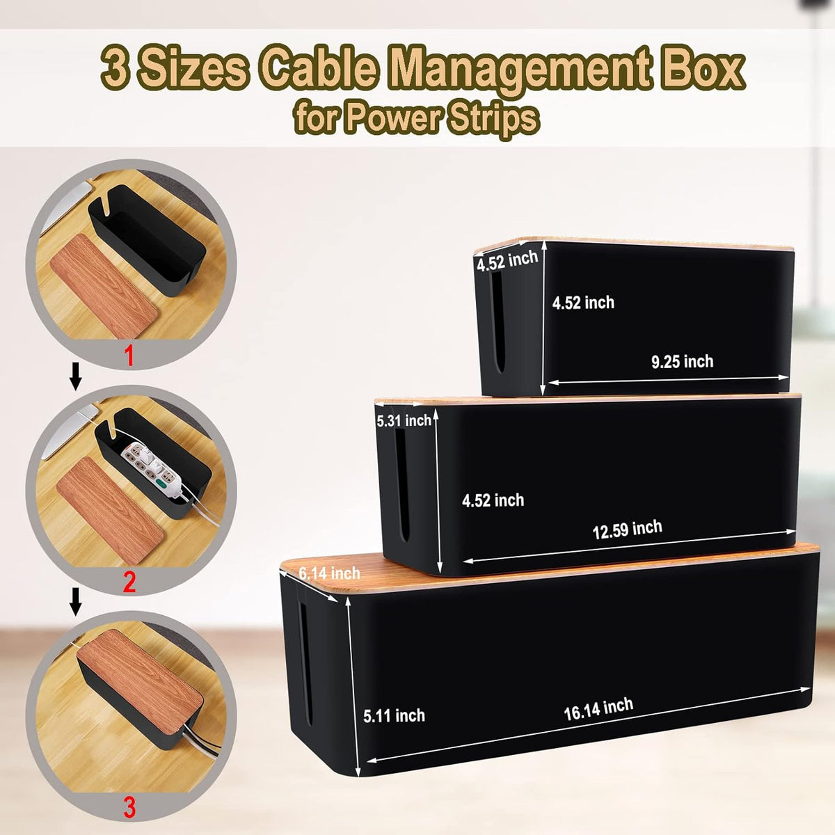 YUANYE Cable Management Box Cable Management Kit for Power Strip to Hide Wires,Cord Organizer Boxes,Safe ABS Material Wire Organizer of Cable Clips Sleeve for Home & Office,3Pack-128PCS /Black