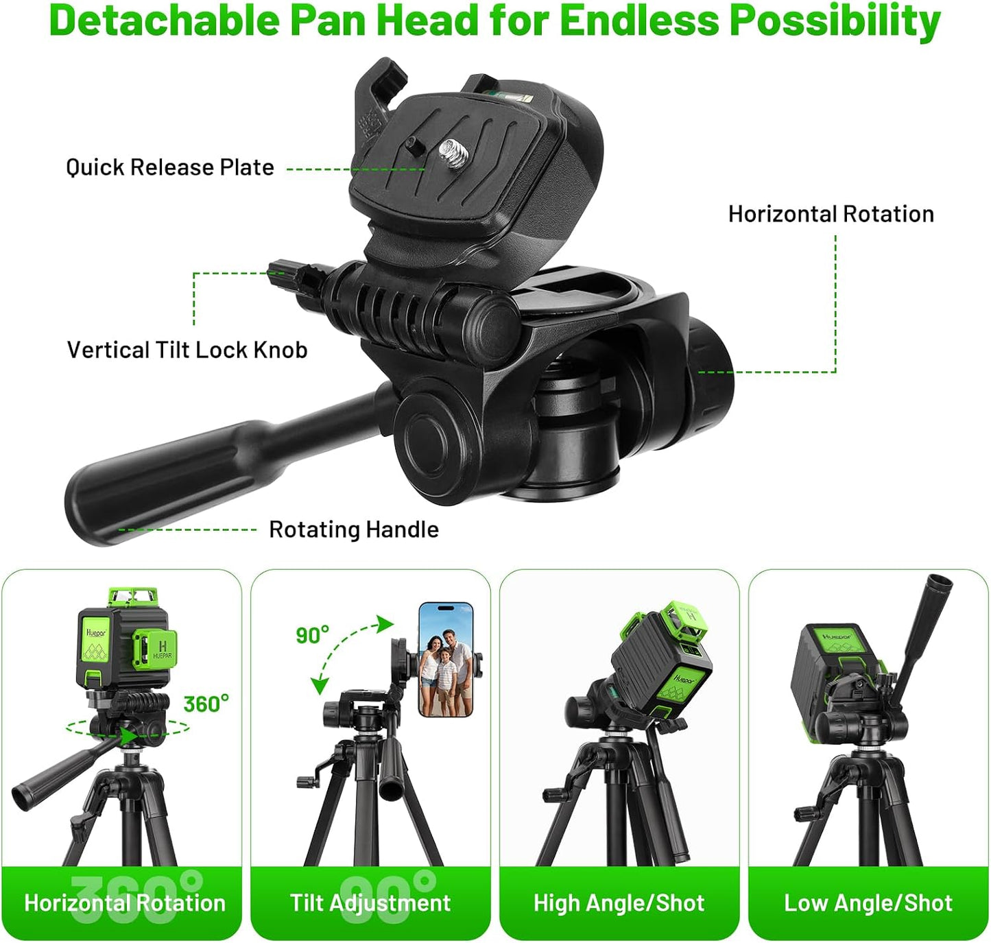 Laser Level Tripod, Huepar 47” Tripod for Cross Line Laser Distance Measures, Phone and Camera, Aluminum Professional Tripod Stand with 1/4" Thread Mount, Carry Bag and Phone Holder, ET11