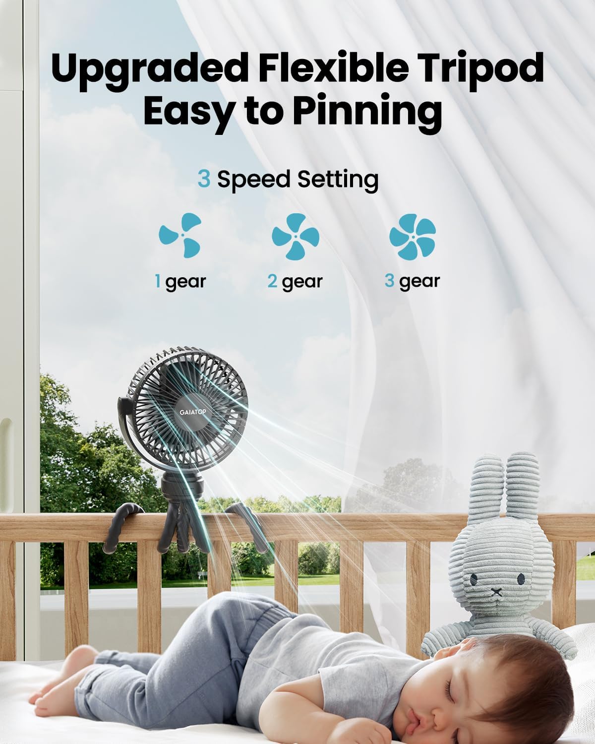 Gaiatop Mini Portable Stroller Fan, Small Clip on Fan 3 Speed Rechargeable | 360° Rotate Flexible Tripod, Battery Operated Detachable, Cooling for Car Seat Crib Treadmill Travel Black