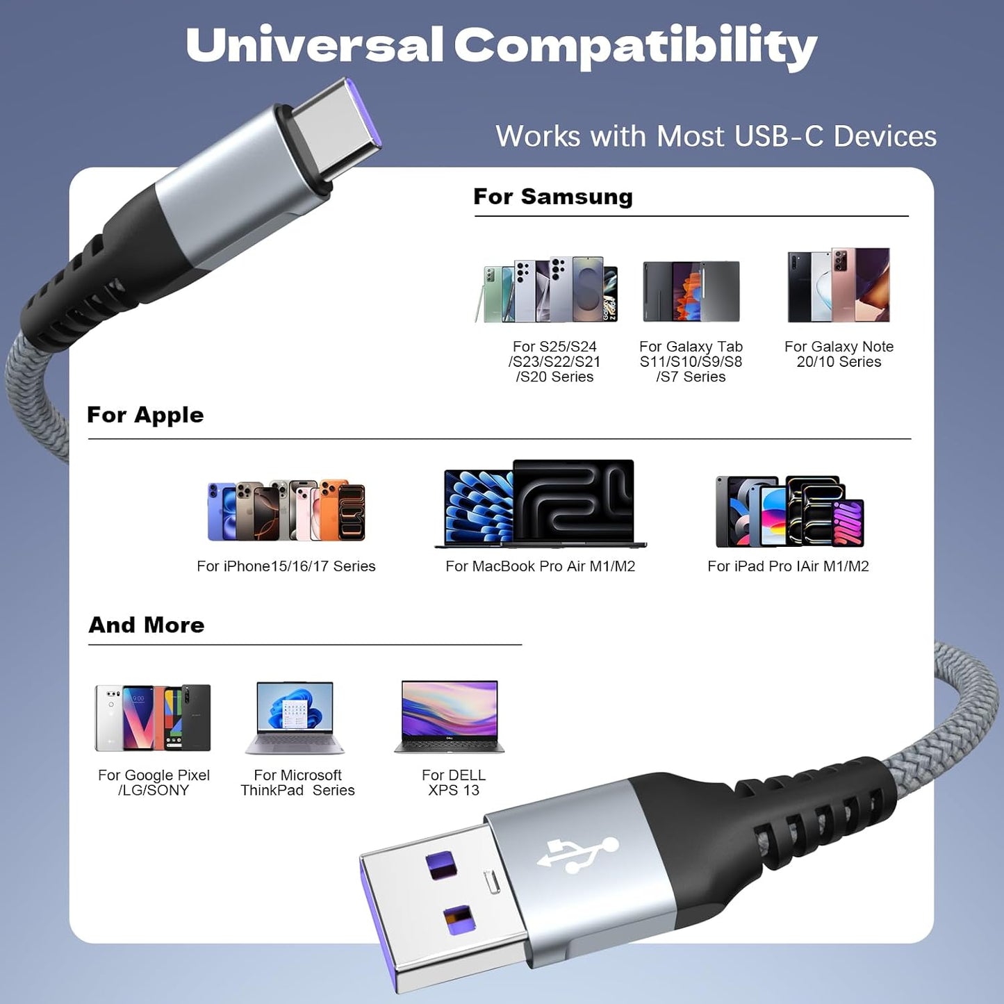 USB A to USB C Cable 60W Fast Charging [2 Pack 6FT],USB A to USB C Cable for iPhone 17/16/15 Pro Max/Plus,Durable Braided Type C Charger Cord, USB C Data Cable for Samsung Galaxy S25 S24 Series (Gray)