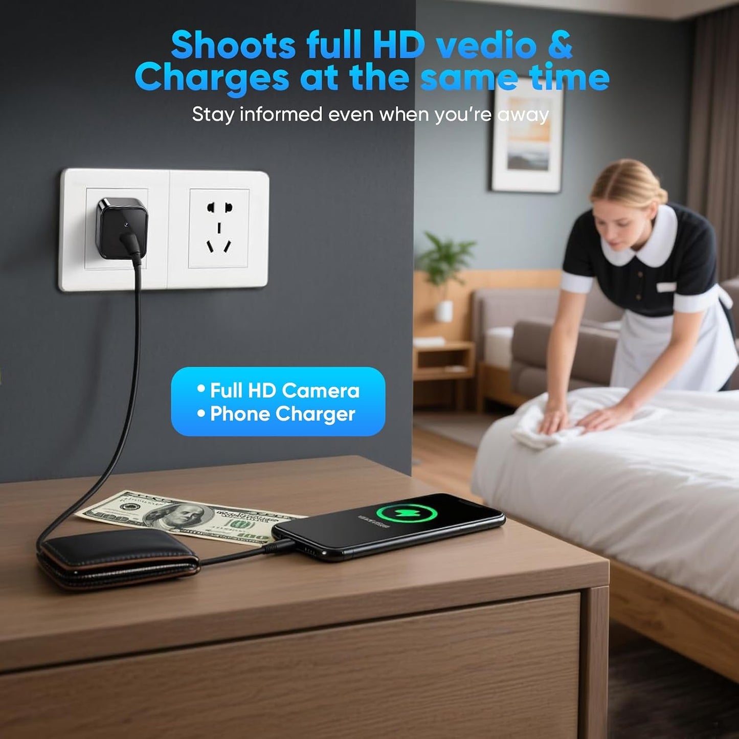 Mini Camera with 64G Card 1080P Small Security Camera Charger with Motion Detection for Indoor (No WiFi)
