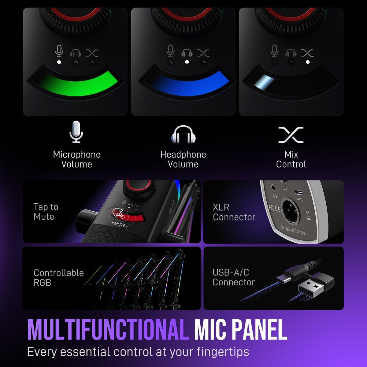 FIFINE AmpliGame AM8PROT Gaming Microphone Kit, XLR/USB Dynamic PC Mic | Streaming Mic Set with Boom Arm, RGB, Tap-to-Mute, Mix Control, Headphone Jack, Volume Knob for Podcast Recording