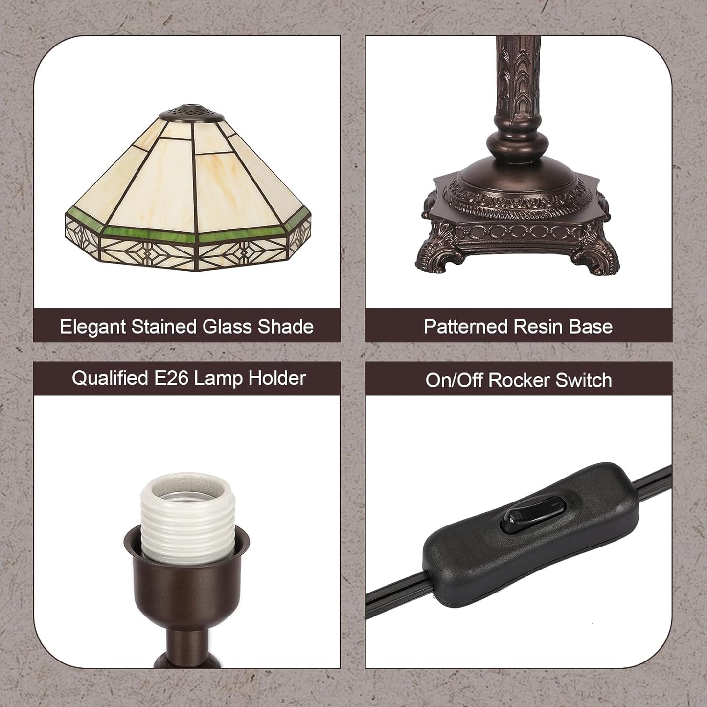 Table Lamp with Stained Glass Shade, Vintage Style Desk Lamp, Mid Century Modern Bedside Nightstand Decorative Lamps with Rocker Switch, Unique Accent Light for Bedroom Living Room Office (E26 Base)