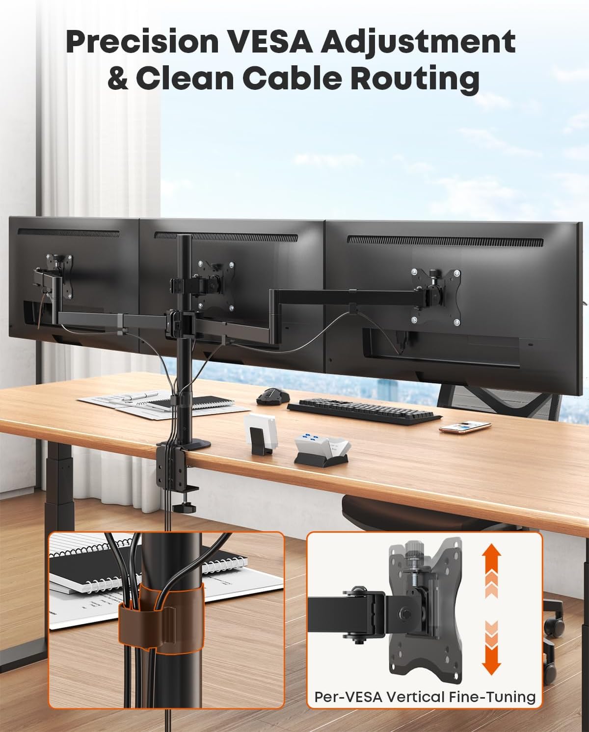 Triple Monitor Mount,Full Motion Arm Fits up to 27 inch | Three Monitor Desk Mount,Cable Management,22 lbs Weight Capacity per Arm,VESA 75/100mm,Black