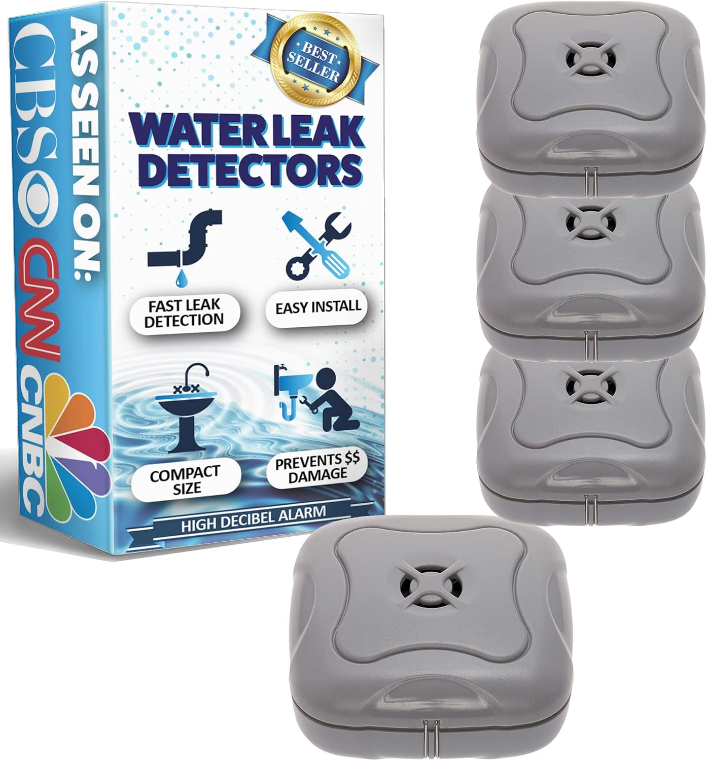 4 Pack Water Leak Detector - 95 dB Flood Detection Alarm Sensor for Bathrooms, Basements, Laundry Rooms, Garages, Attics and Kitchens by Mindful Design (Grey)