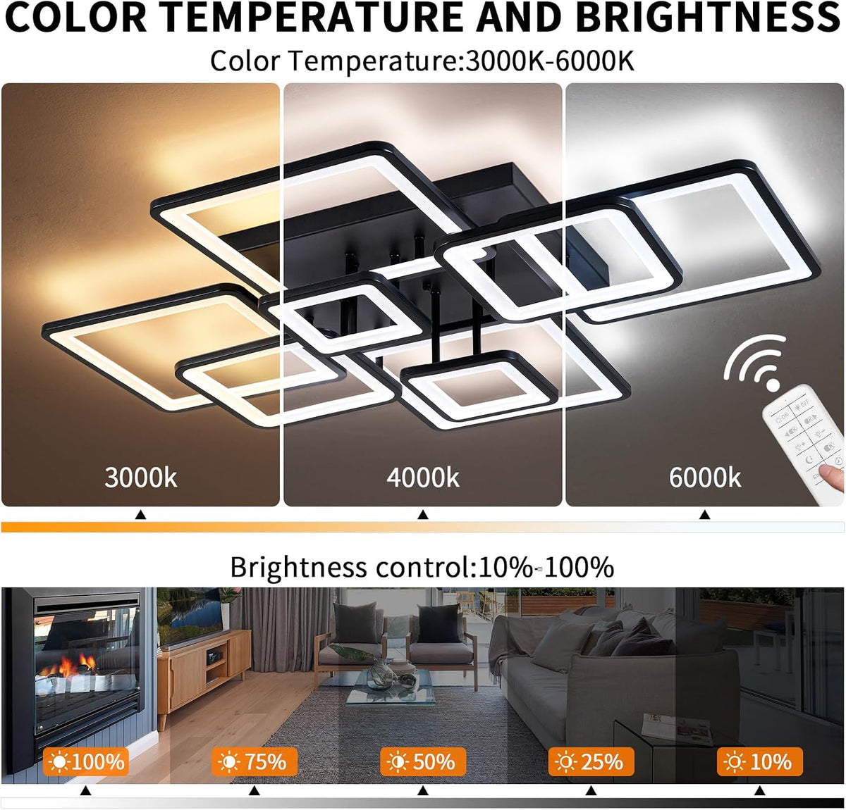 Shine LUEST Modern LED Ceiling Light, Dimmable LED Chandelier Black Flush Mount Ceiling Lights, Remote Control Acrylic Ring Ceiling Lamp Fixture for Living Room Dining Room Bedroom, 8H-FANG-BL-04