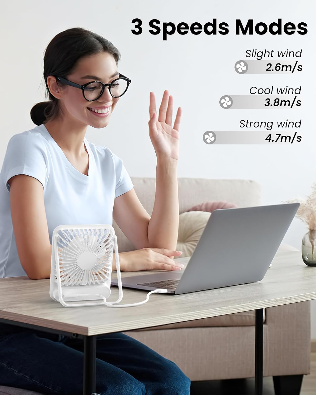 Koonie USB Desk Fan, Strong Wind Ultra Quiet Small Mini Fan | 180° Tilt Folding & 3 Speeds Adjustable, USB-C Corded Powered Personal Fan for Office Desktop Bedroom, White, NO BATTERY