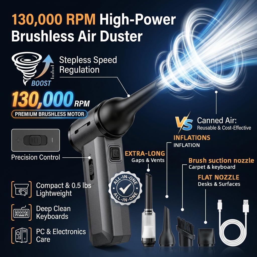 ODISTAR Compressed Air Duster - 130000 RPM Super Power Electric Air Duster, Rechargeable Cordless Air Blower with Stepless Speed Adjustable for Computer, Keyboard, Car, Home, Office