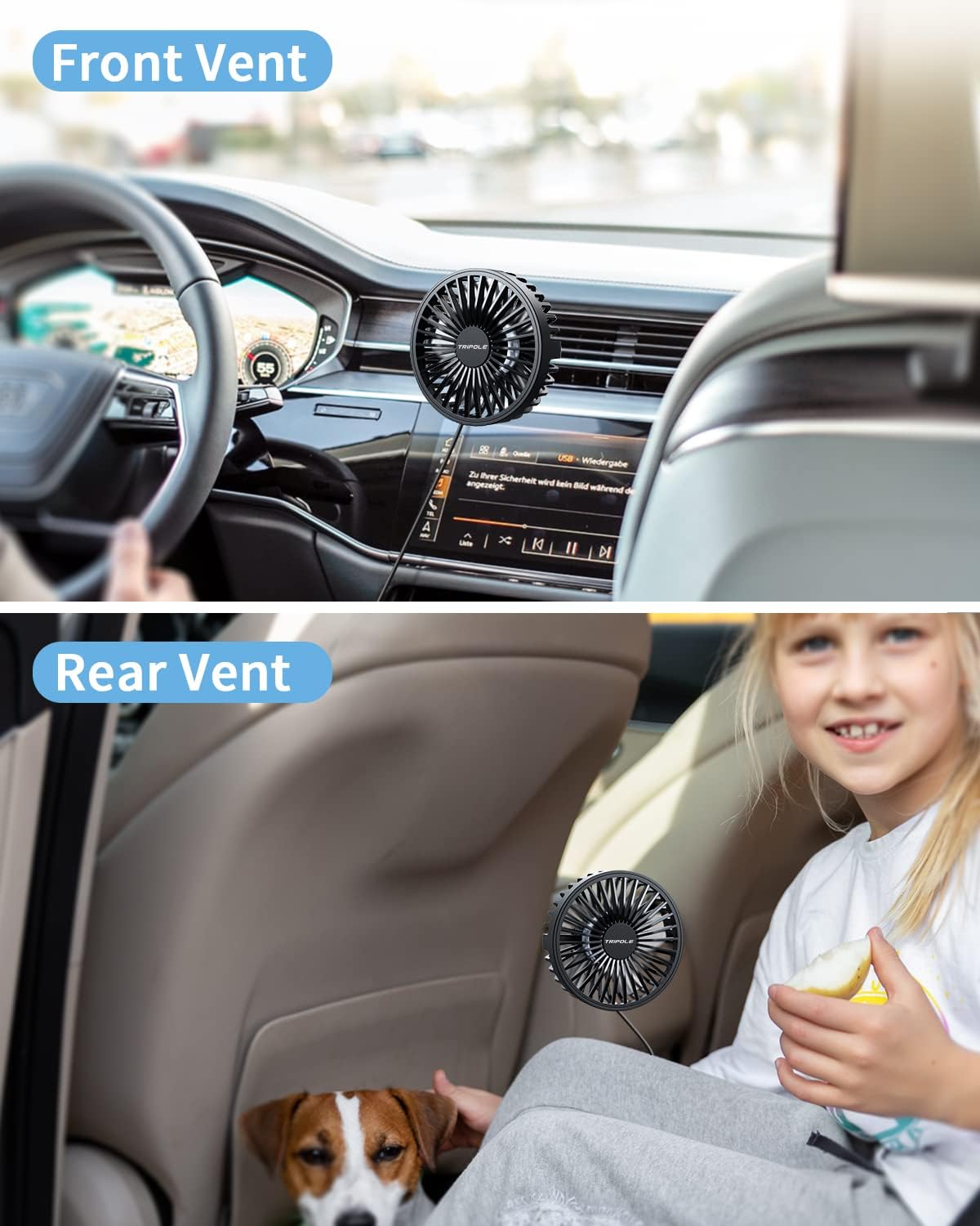TriPole Car Fan USB Powered, 360°Rotation Portable Cooling Fan for Car Vent | 3-Speed USB Car Fan, Vent Clip Design, Powerful Wind, Quiet Brushless Motor, Air Circulation for Vehicle, Van, Truck, SUV, RV