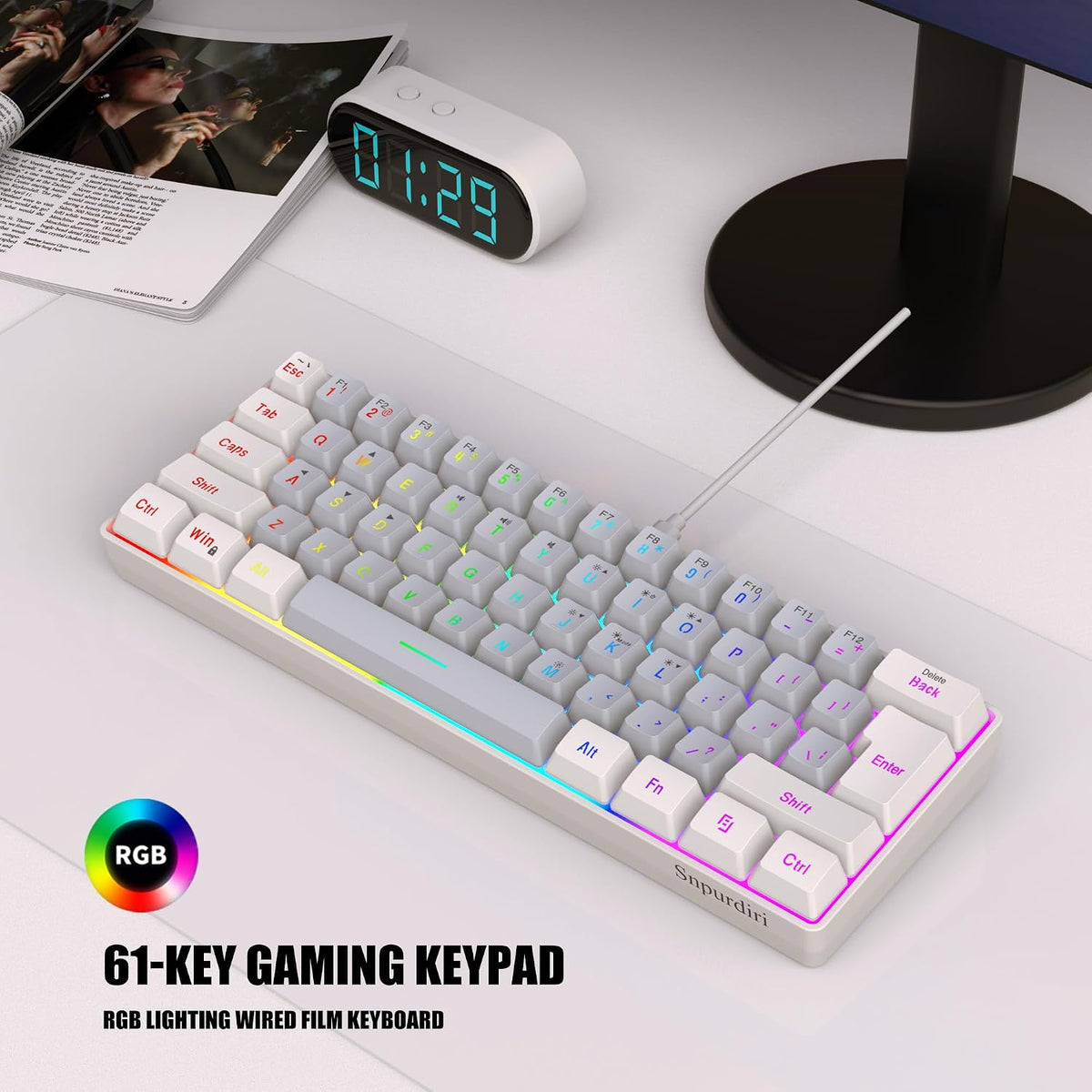 Snpurdiri 60% Wired Gaming Keyboard, 61 Keys RGB (White-Grey)
