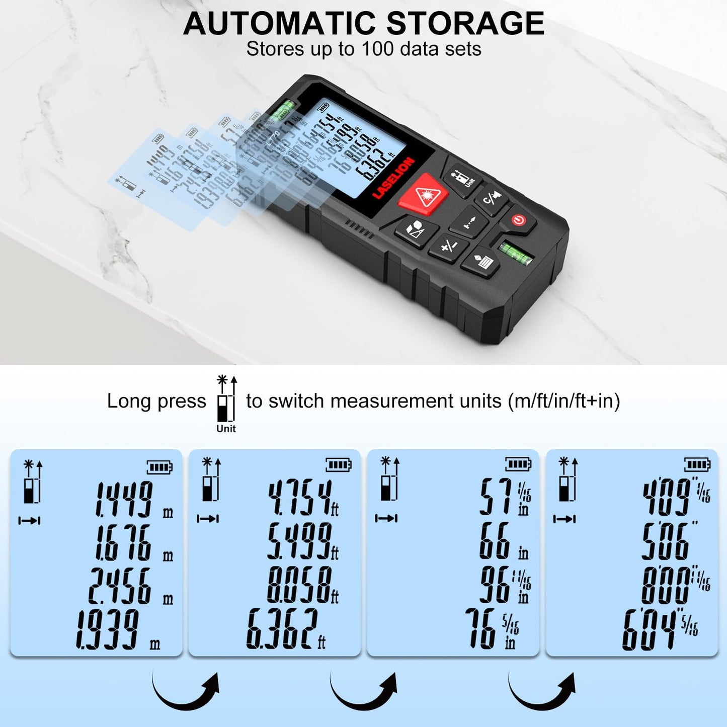 LT70 Laser Measure, 229ft/70m Laser Measurement Tool, with 2 Bubble Levels, Measuring Tool 4 Units Conversion、LCD Backlit Display, IP54 Waterproof, Pythagorean Mode for Distance, Area, Volume