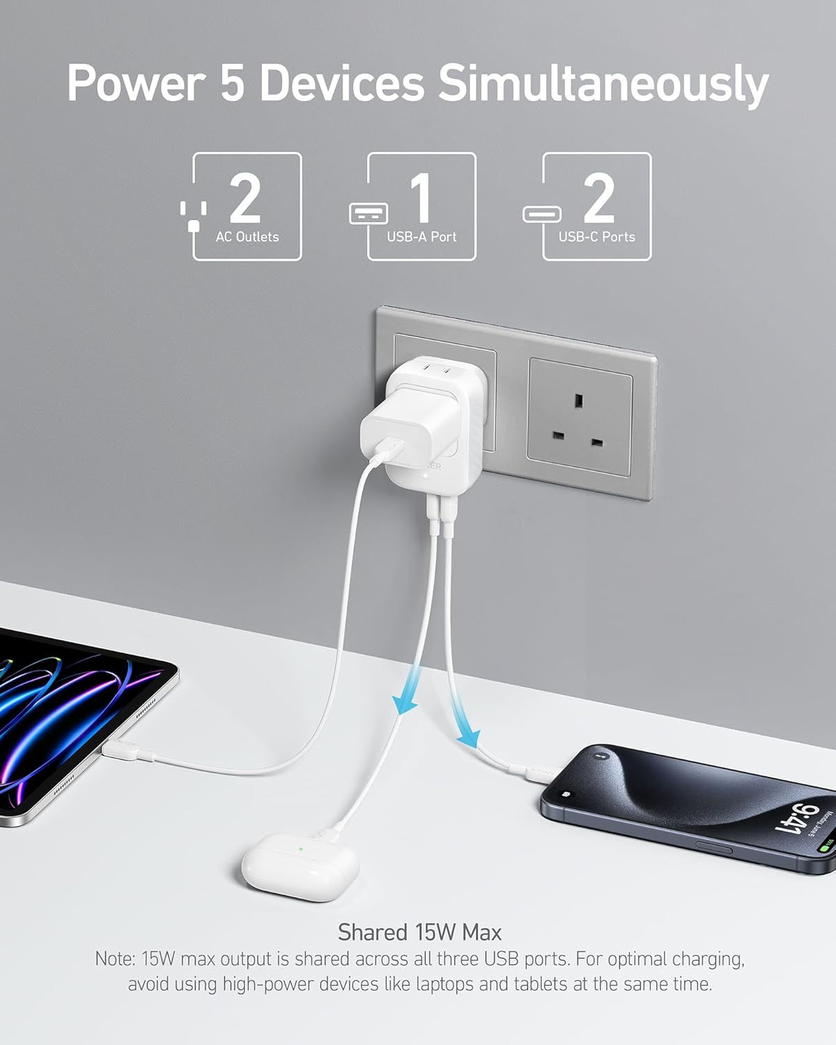 Anker Travel Adapter, Type G Adapter for Travel, US to UK Plug Adapter, 15W | International Travel Essentials, 2 AC, 1 USB A, 2 USB C, Compact for iPhone, iPad, England, Ireland, TUV Listed