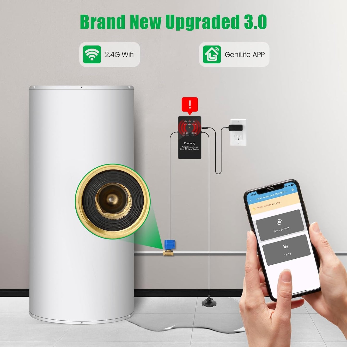 WiFi Water Leak Detector with Automatic Shutoff Valve，Zuomeng Smart Water Heater Remote Stop Device with Leak Sensor, Leakage Alert Push, 3/4" NPT 150PSI Brass Valve, Get Rid of Water Leakage