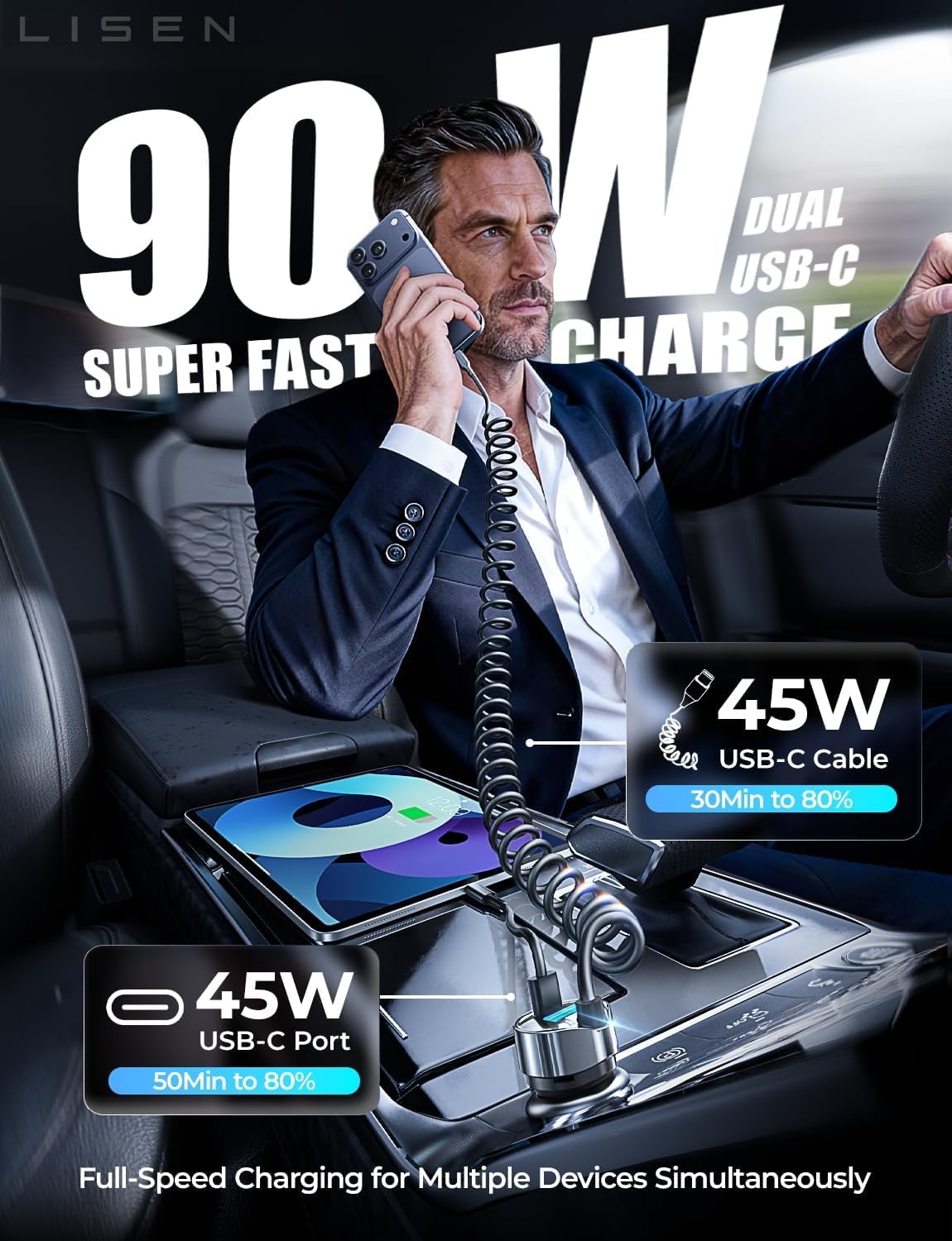 LISEN 90W for iPhone 17 16 15 Pro Max Car Charger USB C Fast Charge | Super Fast for iPhone 17e 16e Cigarette Lighter USB C Adapter for iPhone 17 Pro Max,Samsung Galaxy S26 Ultra, Car Accessories